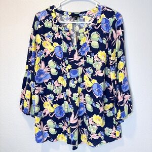 Talbots Size-L/Petite 3/4 Sleeve Navy Blue Floral V-neck Blouse